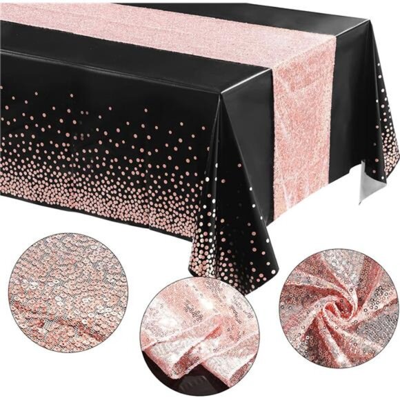 Tablecloth and Sequin Table Runner Set Polka Dots Confetti Table Cover Dining - Picture 3 of 7